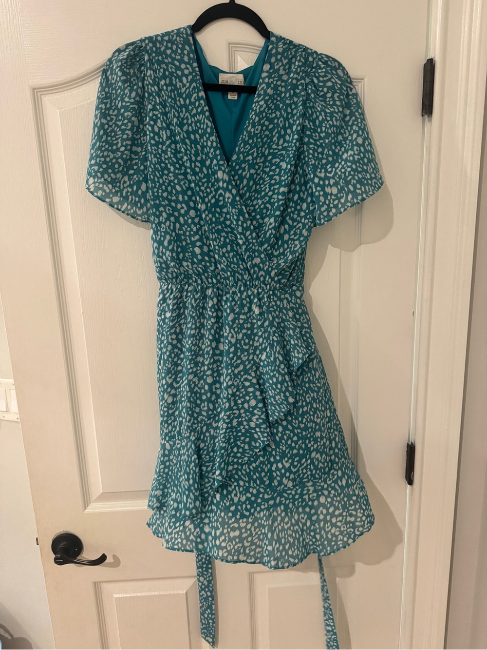 Teal Printed Wrap Mini Dress with Ruffle Hem